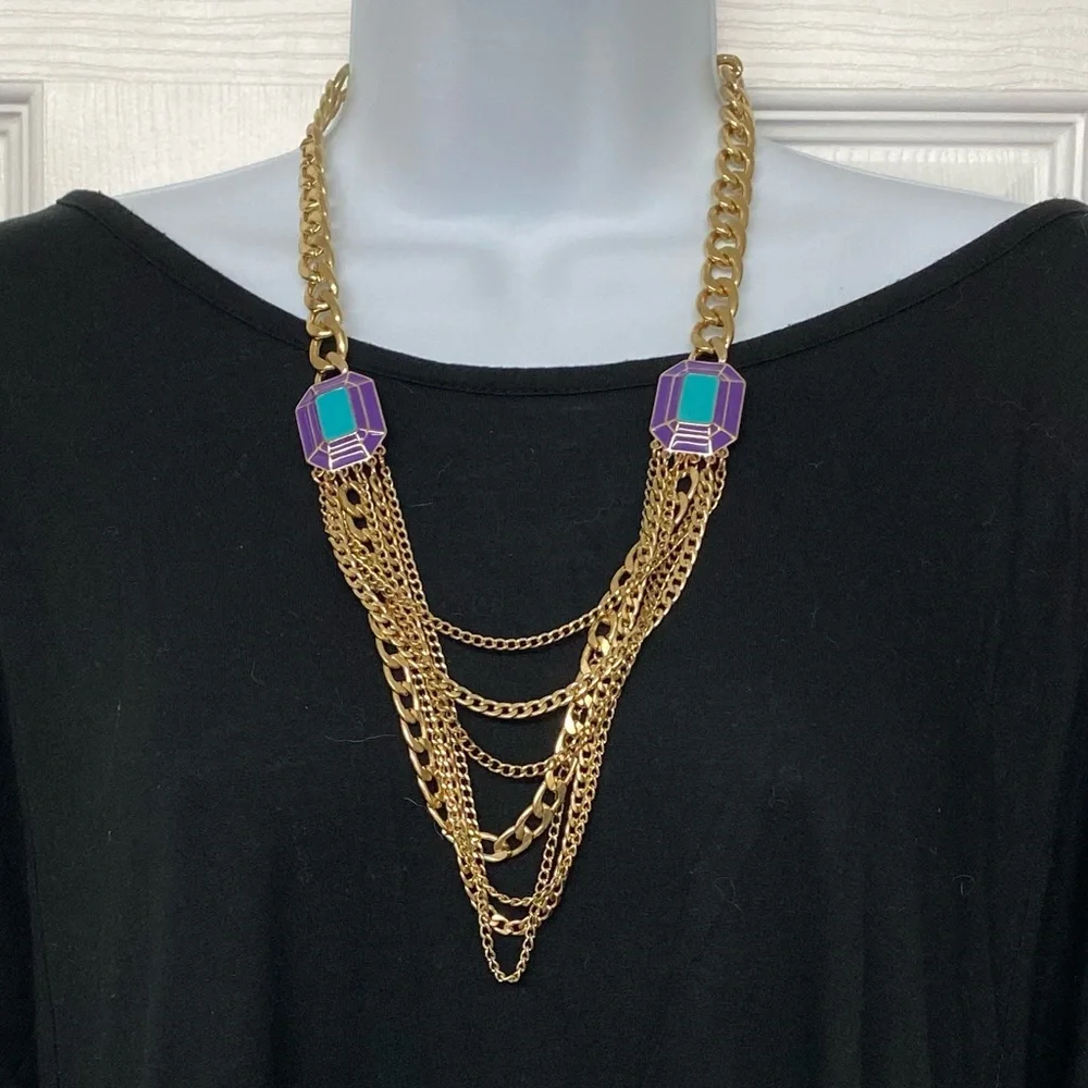 Gold Tone Multi Chain Layer Blue Purple Enameled Statement Necklace